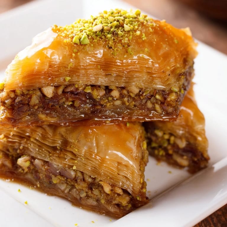 Imagine a close-up of warm Turkish baklava with honey syrup, nuts, and a delightful, sweet aroma.