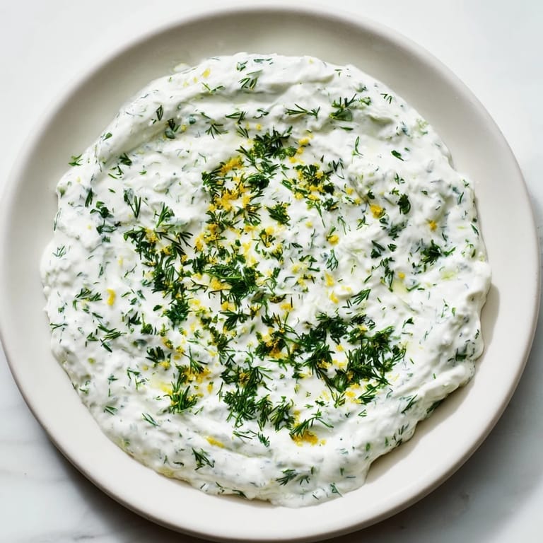 Spoon lifting a creamy portion of Greek Yogurt Herb Dip from a bowl, garnished with parsley and a hint of lemon zest.