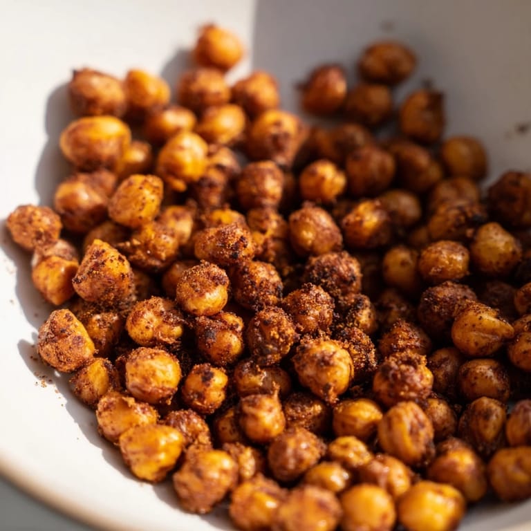 A close-up of oven-baked crispy chickpea snacks glistening with olive oil and spices, ready to eat.