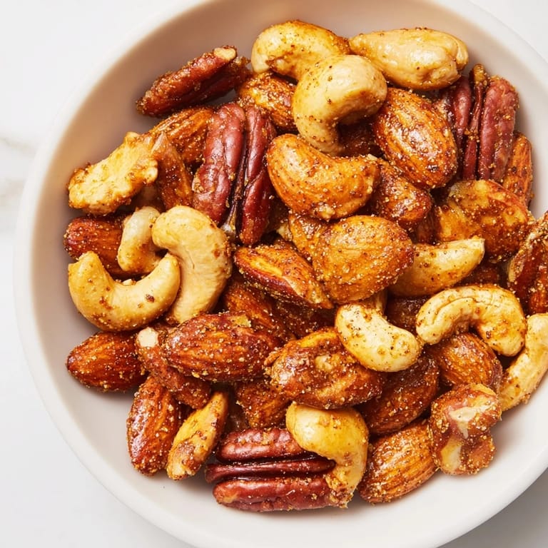 A warm bowl of Spiced Nuts Mix, glistening with honey glaze and spices.