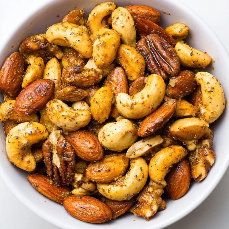Candied Spiced Nuts Mix clusters on a baking sheet with fresh rosemary sprigs.