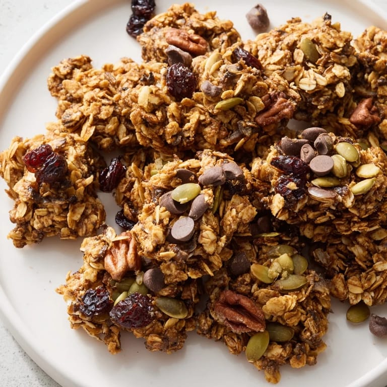 Freshly baked Granola Clusters in a white bowl, ready to serve with creamy Greek yogurt and berries.