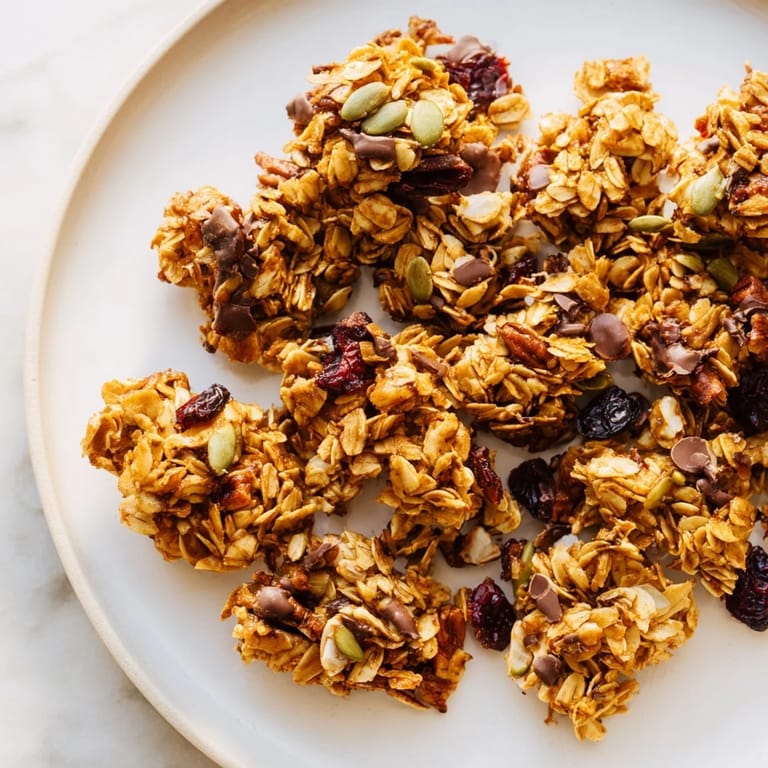 Homemade Granola Clusters cooling on a baking sheet, with scattered nuts and oats for a rustic look.