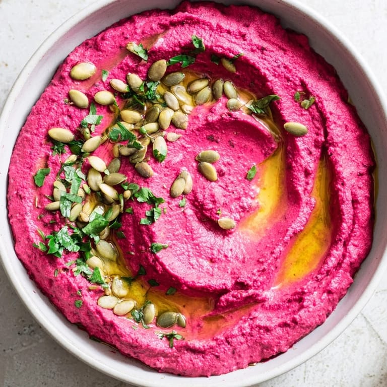 This beet hummus recipe shows a smooth, bright magenta dip garnished with parsley, ready for vegetable crudités.  