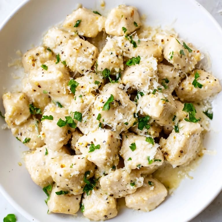 Tender chicken pieces coated in a velvety garlic cream sauce, served hot alongside steamed rice and a squeeze of lemon.