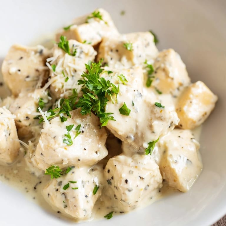 Creamy Garlic Chicken Bites sizzling in a skillet with melted Parmesan and herbs, perfect for a quick weeknight dinner.