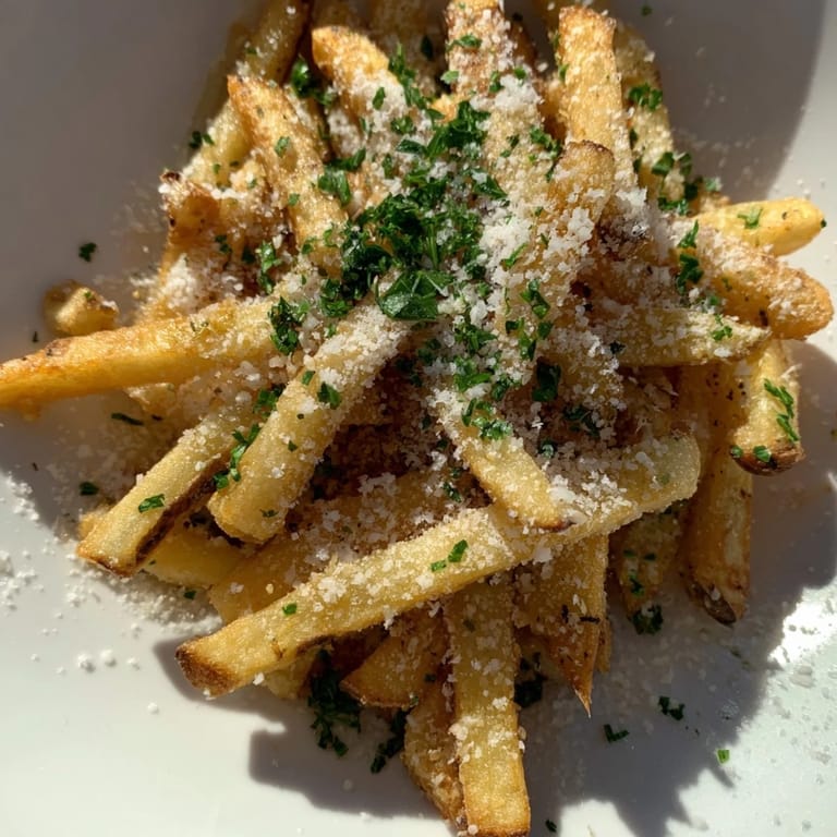 A close-up view of Truffle Parmesan Fries tossed with grated cheese and truffle oil, served hot as an irresistible side dish.