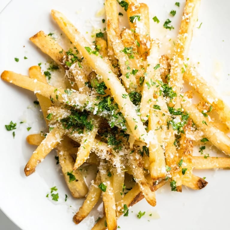 Overhead shot of crispy Truffle Parmesan Fries on a rustic platter, ready to be dipped in creamy garlic aioli.