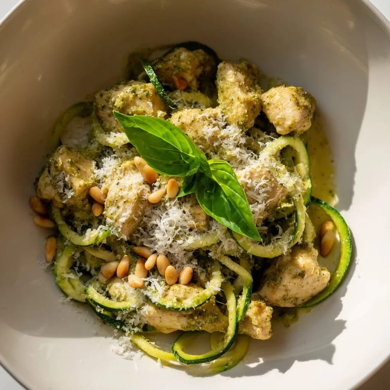 A close-up of a Pesto Zucchini Chicken Bowl with tender chicken, spiralized zucchini, and a fresh basil garnish.