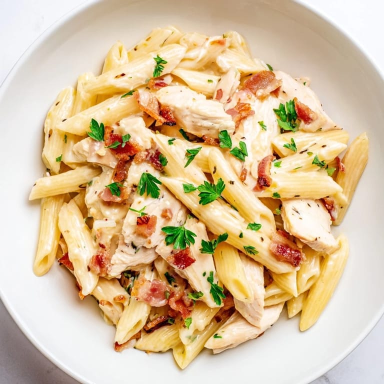 Close-up of Creamy Chicken Bacon Penne, highlighting the luscious garlic cream sauce coating each tube of pasta with juicy chicken and smoky bacon.