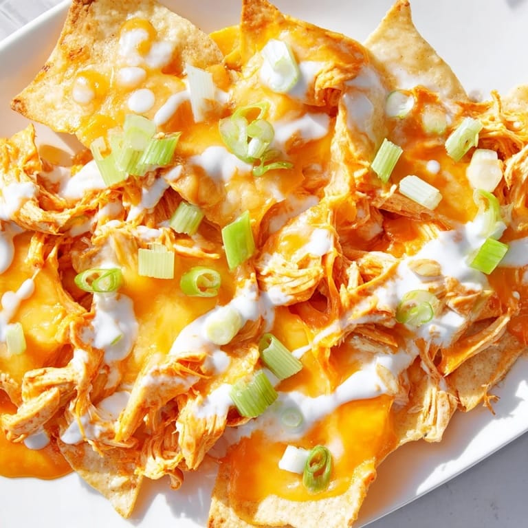 A generous platter of Buffalo Chicken Nachos served hot from the oven, with melted cheese stretching over buffalo-spiced chicken, bright green onions, and a rich ranch drizzle.