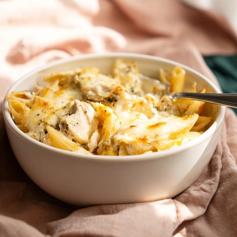 Fresh parsley garnish rests on the surface of the delicious Chicken Alfredo Casserole, which sits in a ceramic baking dish. 
