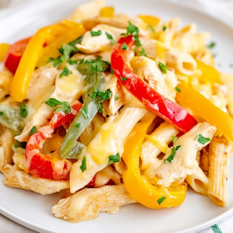 Tex-Mex Fajita Chicken Pasta Skillet in a cast iron pan with tender chicken and peppers.