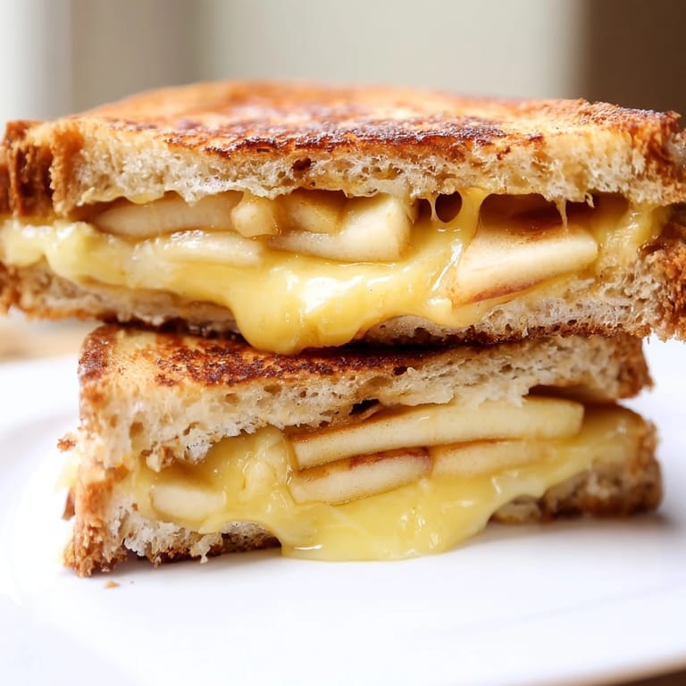 Close-up of a grilled cheese sandwich with gooey smoked Gouda and thin apple slices between crispy golden bread.