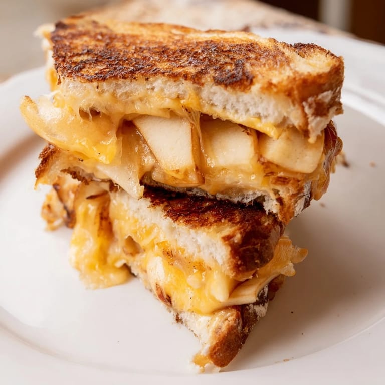 Gourmet smoked Gouda & apple grilled cheese on buttery sourdough, ready to serve with a side of tomato soup.
