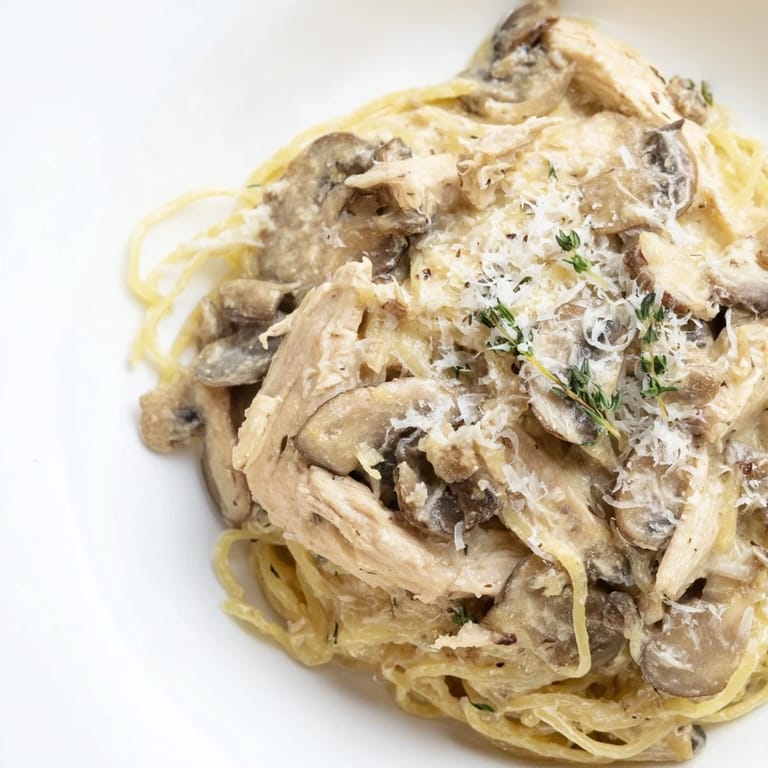 Golden-brown chicken and sautéed mushrooms tossed with spaghettini in a creamy sauce, perfect for a comforting weeknight dinner.