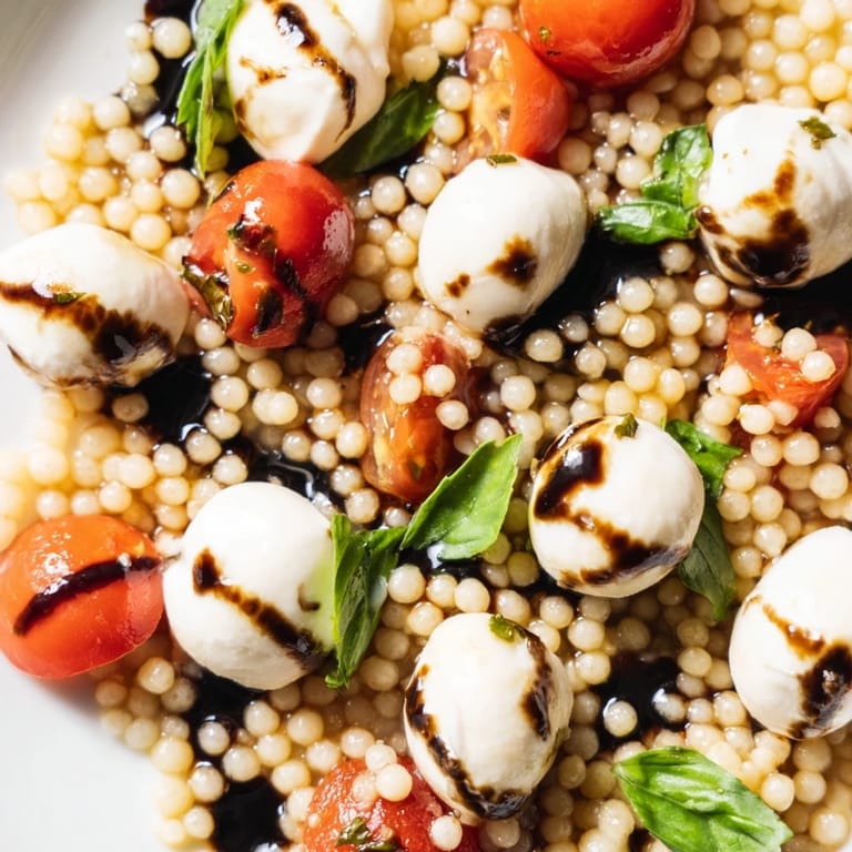 Chilled Mediterranean Caprese Couscous Salad with fragrant basil, tomatoes, and mozzarella pearls, ready to serve as a refreshing vegetarian side dish.