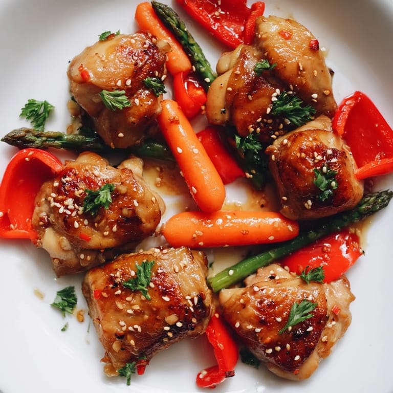 Easy sheet pan honey garlic chicken and veggies roasted to tender perfection, with golden edges and fresh parsley garnish.