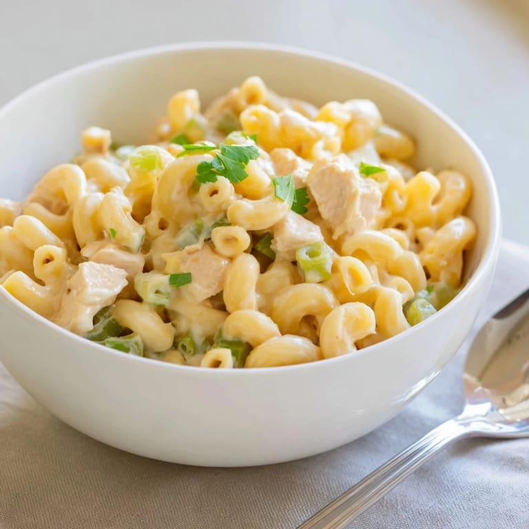 A close-up of Green Chili Chicken Mac, showcasing glossy cheese sauce coating pasta, with cilantro and jalapeño slices for garnish.
