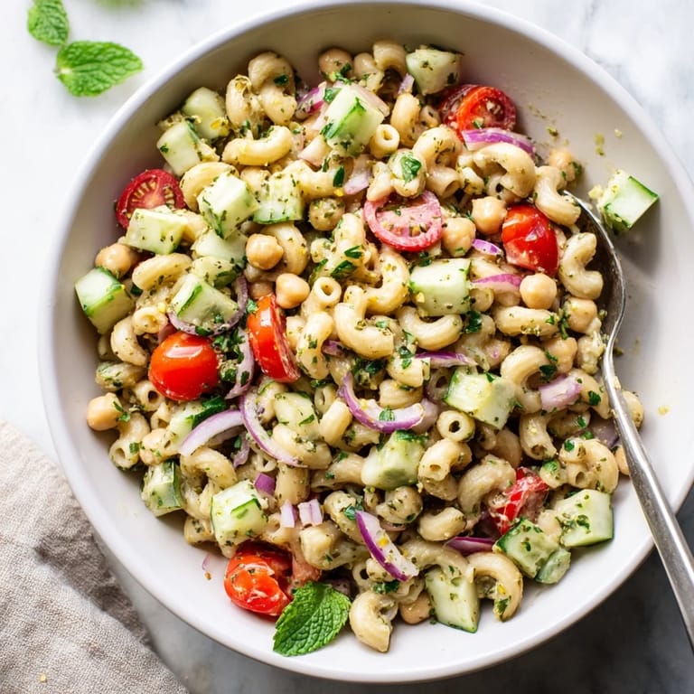 Healthy vegetarian chickpea pasta salad in a white bowl, garnished with fresh dill and mint, perfect for summer picnics.