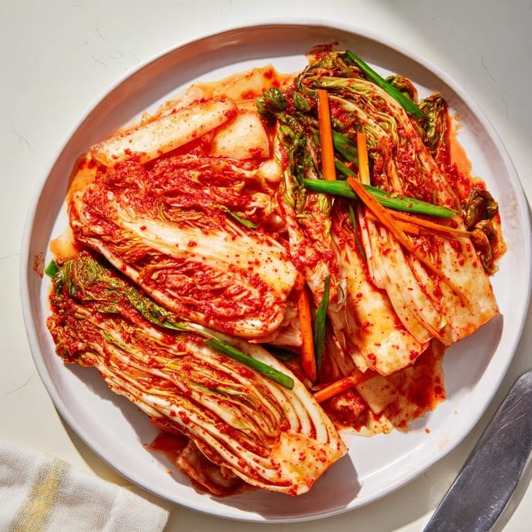 A close-up of freshly made kimchi, showcasing colorful julienned carrots and scallions mixed into the tangy, fermented Korean side dish.  