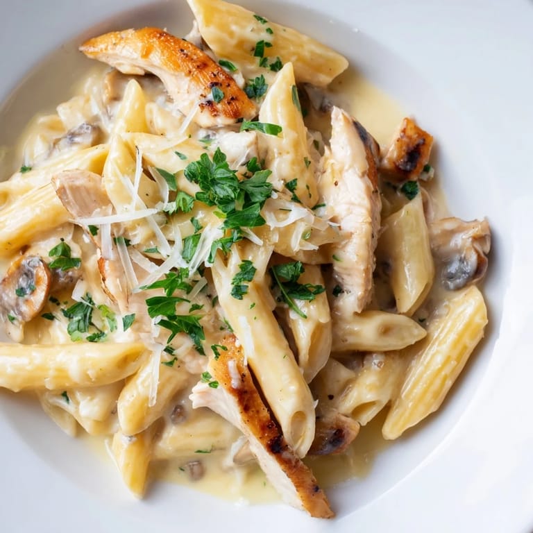 Close-up of Roasted Garlic Chicken Penne, highlighting golden roasted chicken slices and garnished with fresh parsley and grated Parmesan cheese.