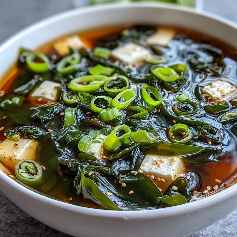 Flavorful wakame soup, a healthy Japanese appetizer served hot with delicate dashi.