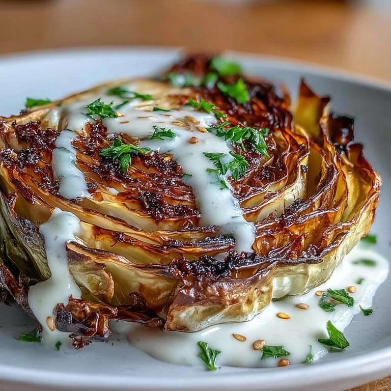 Caramelized cabbage steaks drizzled with creamy tahini and topped with fresh herbs.
