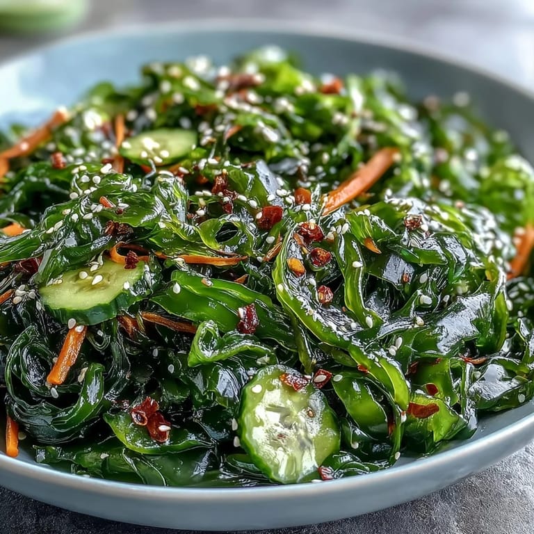 This refreshing bowl of Japanese seaweed salad combines crisp cucumber and carrot with a tangy sesame dressing, perfect for a light lunch.