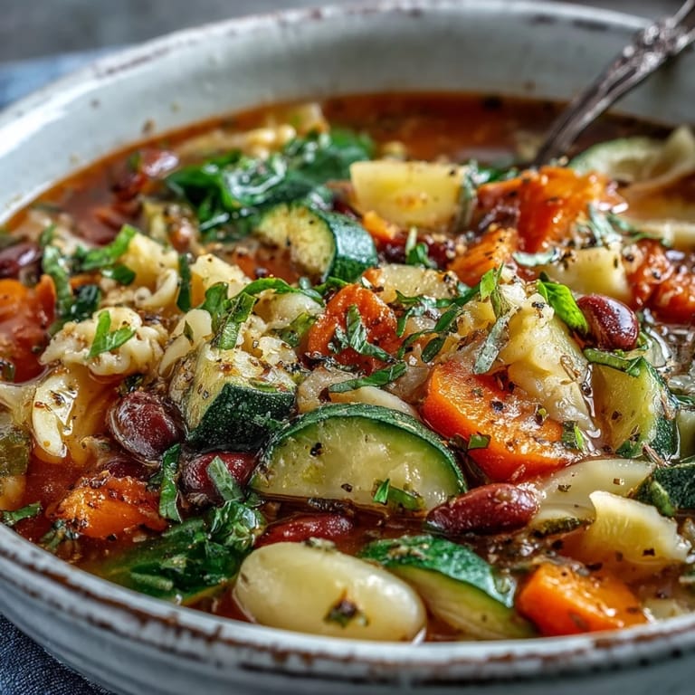 Winter-style Vegetable Minestrone served with crusty bread and a drizzle of olive oil.