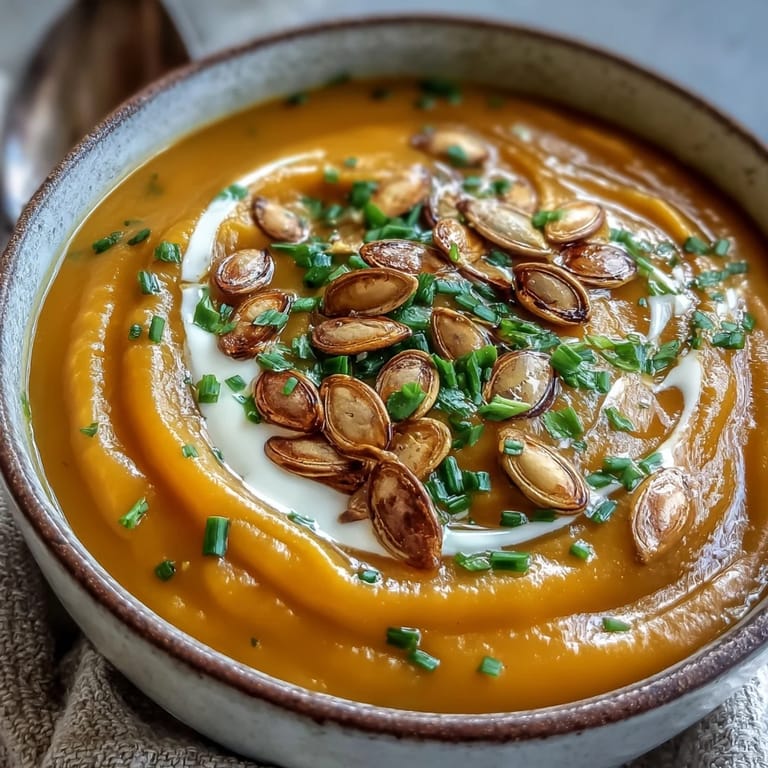 Silky smooth acorn squash soup with a drizzle of cream and ground nutmeg aroma.