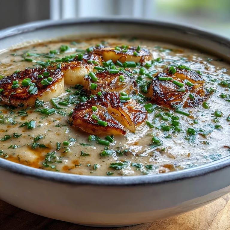 Creamy Roasted Garlic and Herb Soup in a rustic bowl, topped with fresh herbs and olive oil drizzle.