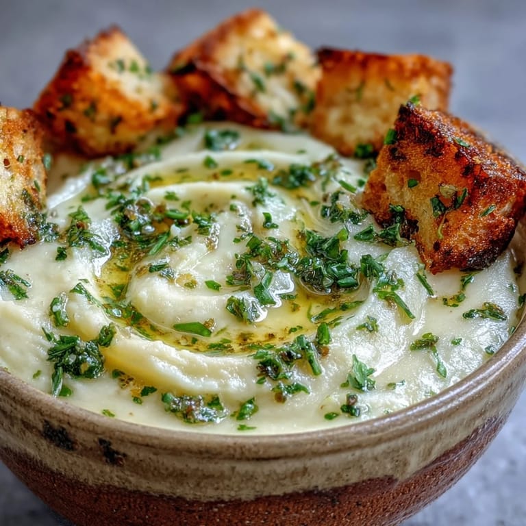 Garlic and Herb Soup served hot with gluten-free bread and melted Parmesan.