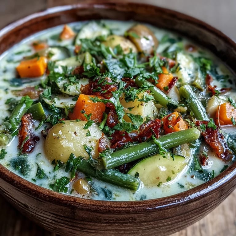 A hearty Italian vegetable soup with carrots, zucchini, and beans in a rich broth.