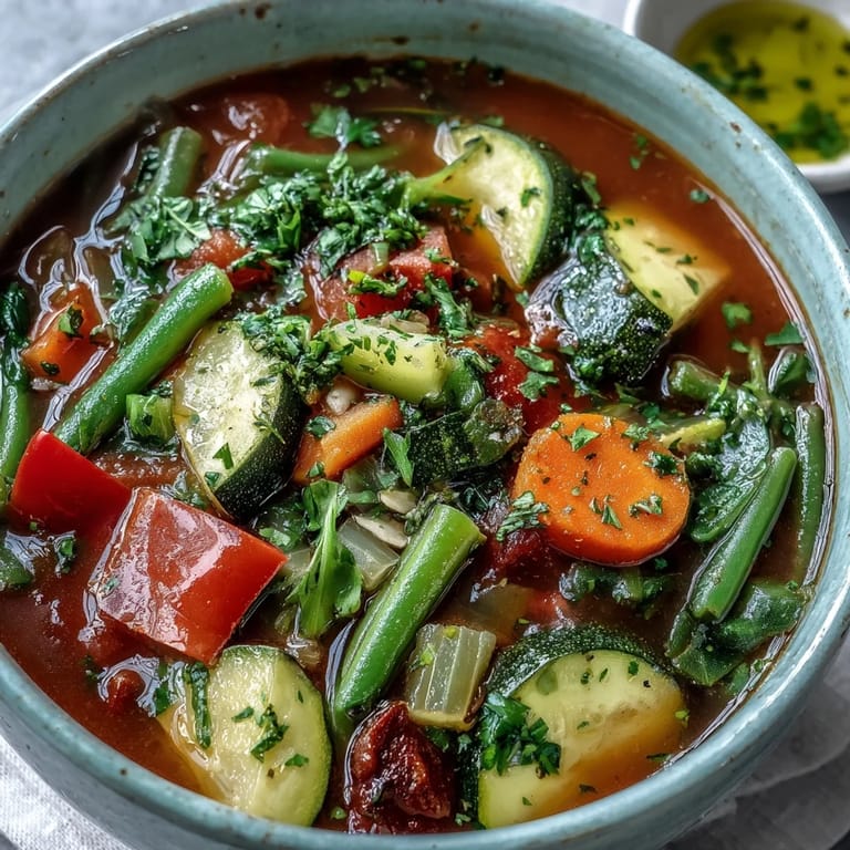 Savory Italian Herb Vegetable Soup simmering in a pot, featuring aromatic herbs, cannellini beans, and vibrant bell peppers in tomato broth.