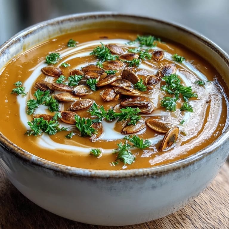 Cozy bowl of velvety Pumpkin Soup garnished with fresh parsley and toasted seeds.