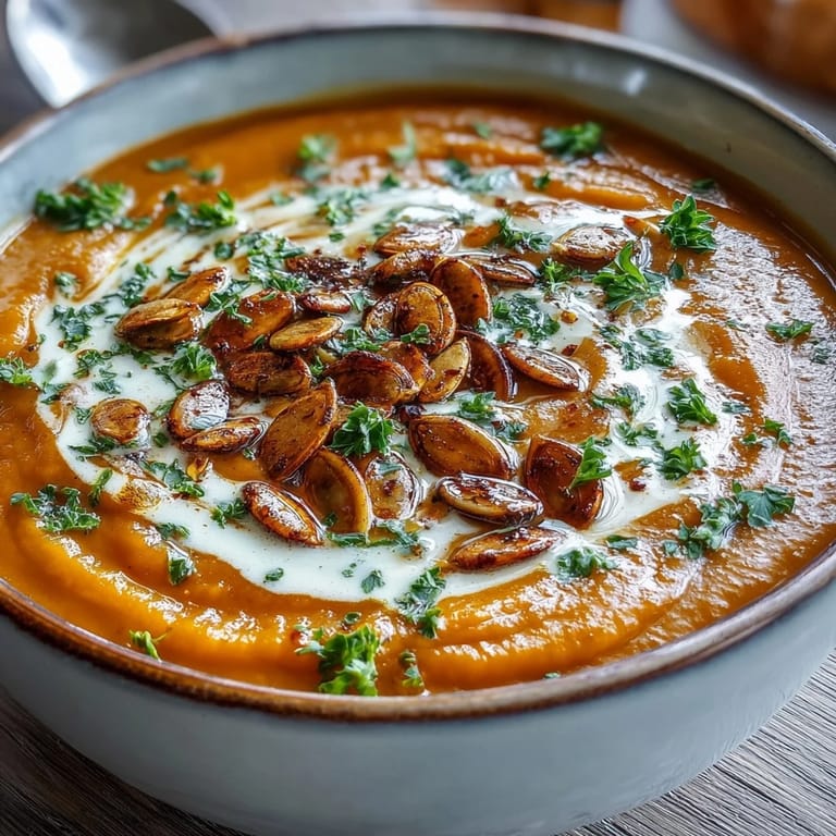 Warm Pumpkin Soup served beside crusty bread on a wooden table, perfect for fall.