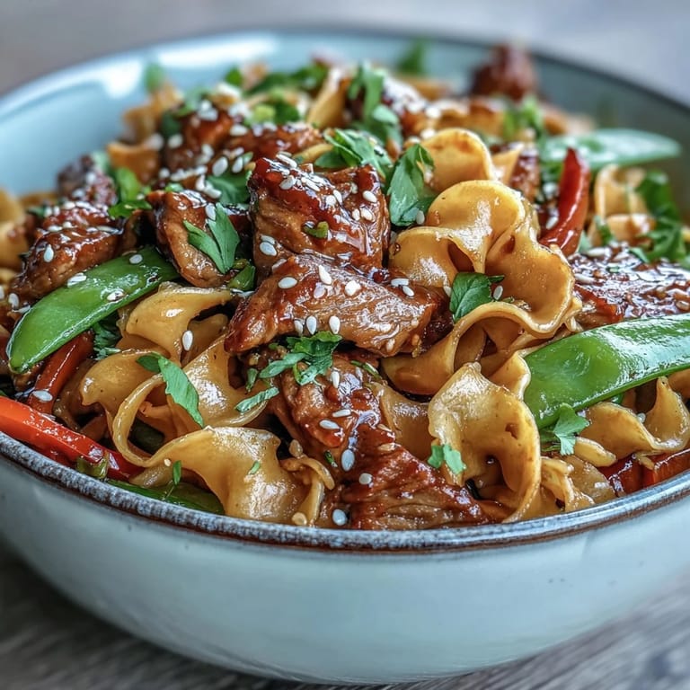 A close-up highlights glistening noodles, colorful bell peppers, and tender pork, perfect for a busy weeknight dinner.