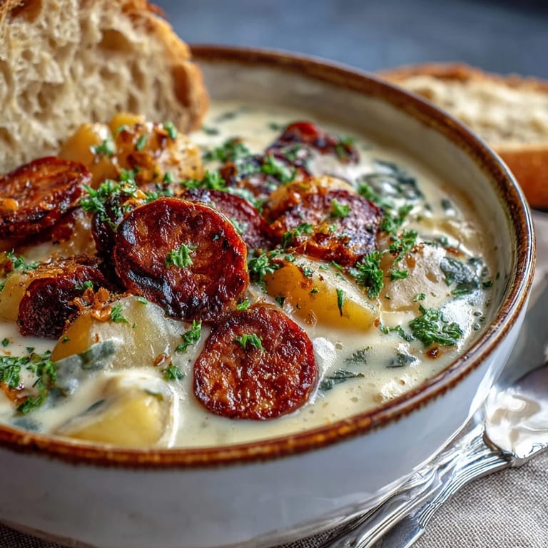 Rich Potato, Leek and Chorizo Soup with chunks of potato and slices of crispy chorizo sausage