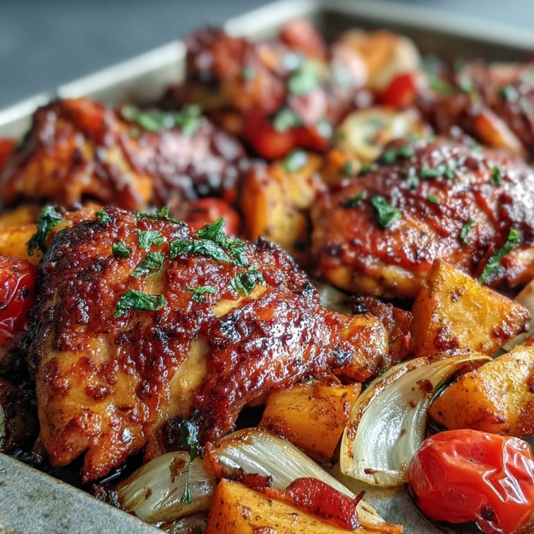 Colorful Mediterranean-inspired Chicken and Sweet Potato Traybake, a vibrant one-pan dinner for easy weeknights.