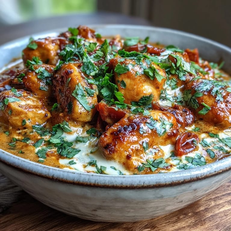 A bowl of Easy Chicken Curry topped with fresh cilantro, a spoon scooping the creamy, golden sauce.