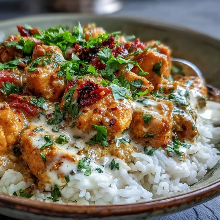 Family-style Easy Chicken Curry in a white bowl next to warm naan bread, perfect for weeknight dinners.
