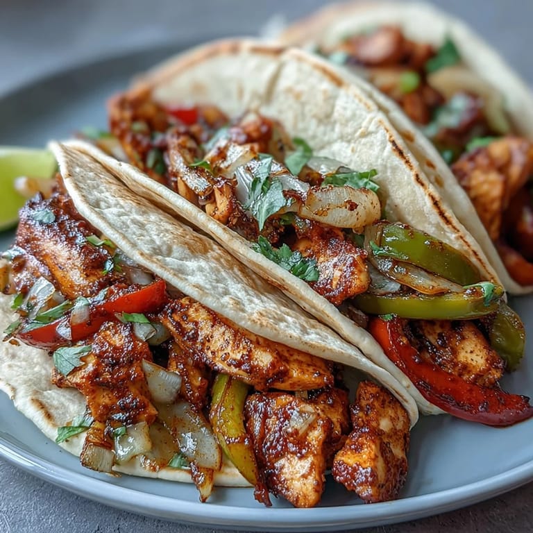 Tender marinated chicken strips seared to perfection alongside vibrant bell peppers and onions.