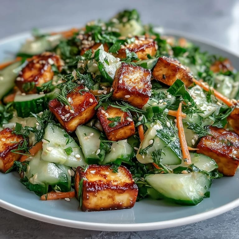 Ultra-crispy soy-braised tofu and crunchy cucumbers tossed in a creamy sesame-ginger dressing, served with fresh cilantro and lime wedges.
