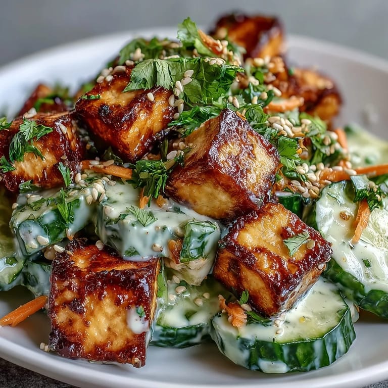 A plated serving of Creamy Asian Cucumber Salad with crispy tofu, showing a luscious dressing coating the fresh, colorful vegetables.