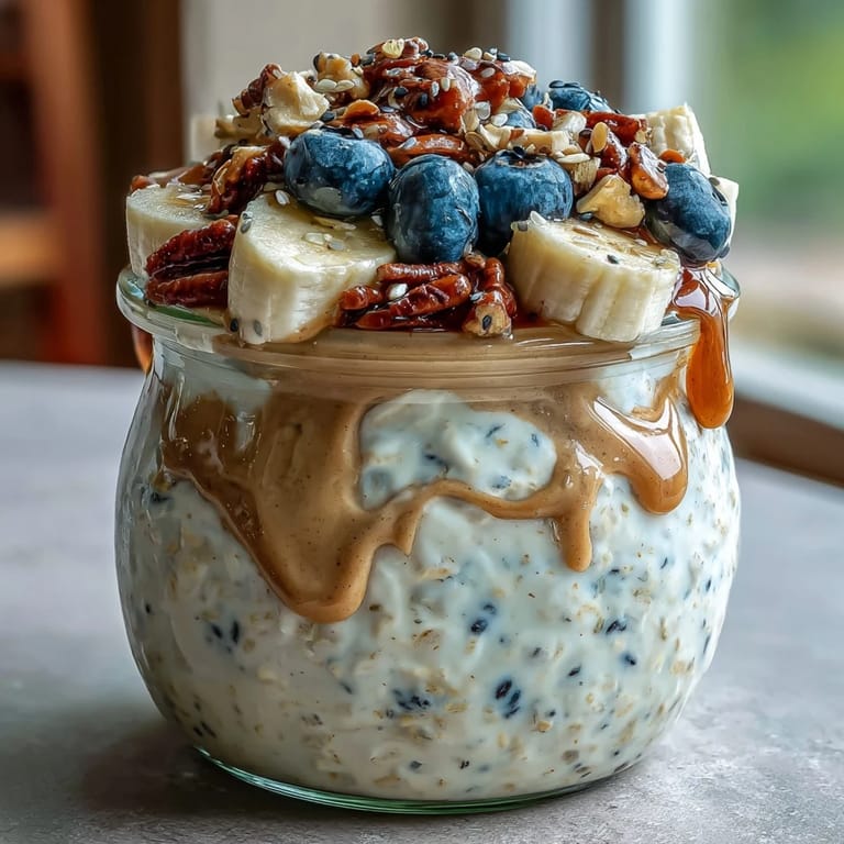 A jar of high-protein peanut butter overnight oats with fresh blueberries and a drizzle of honey.