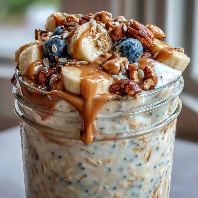 Creamy peanut butter overnight oats topped with Greek yogurt and chopped roasted peanuts for a satisfying breakfast.
