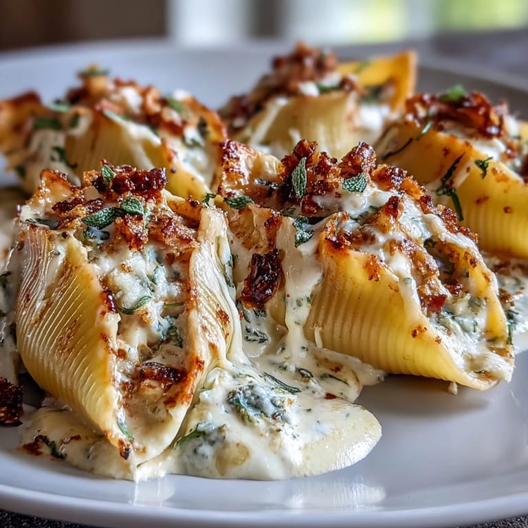 Pumpkin & Gouda Stuffed Shells baking in a 9x13 dish with bubbly cheese and brown butter Alfredo sauce for a cozy fall meal.