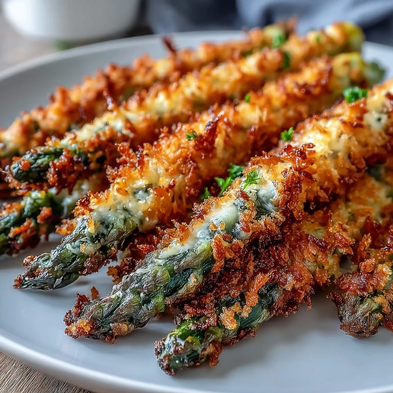 A close-up of Crispy Asparagus Asiago Spears, highlighting the savory Asiago and smoky paprika crust on tender green asparagus.