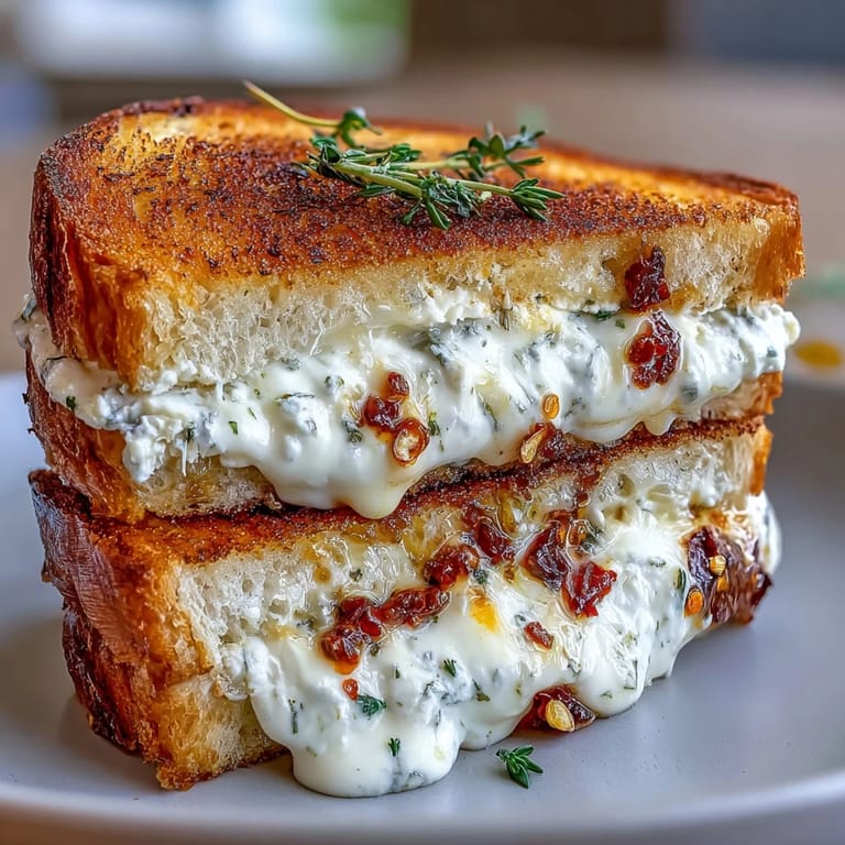 Melted goat cheese grilled cheese sandwich with honey and chili flakes, garnished with fresh thyme on a white plate.